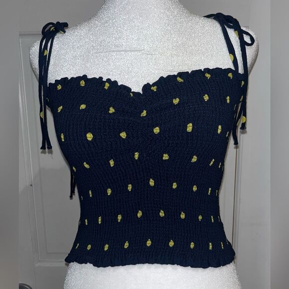 Zara smocked top with polka-dots and shoulder ties Navy and Yellow Size Large - Picture 1 of 8